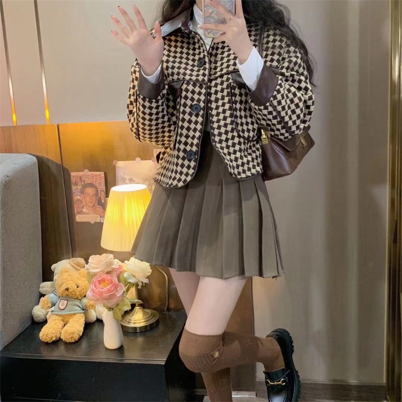 Áo blazer kẻ caro phong cách Hàn Quốc thiết kế túi hộp siêu dễ thương, Áo khoác dáng vest tiểu thư