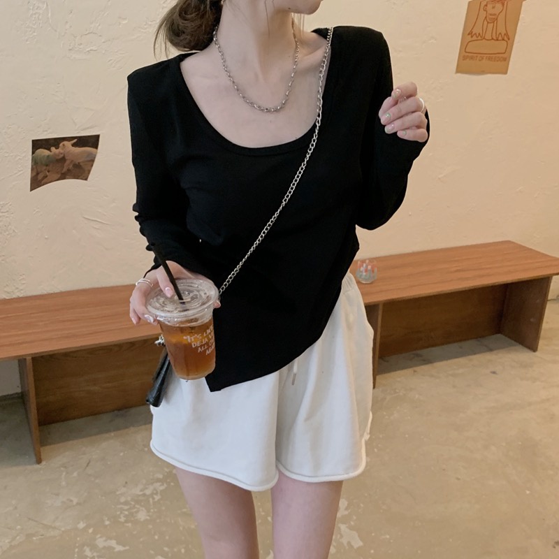 Áo Thun Dài Tay Cổ Tròn Dáng Rộng Thiết Kế Không Đồng Đều Thời Trang Theo Phong Cách Hàn Quốc Cho Nữ
