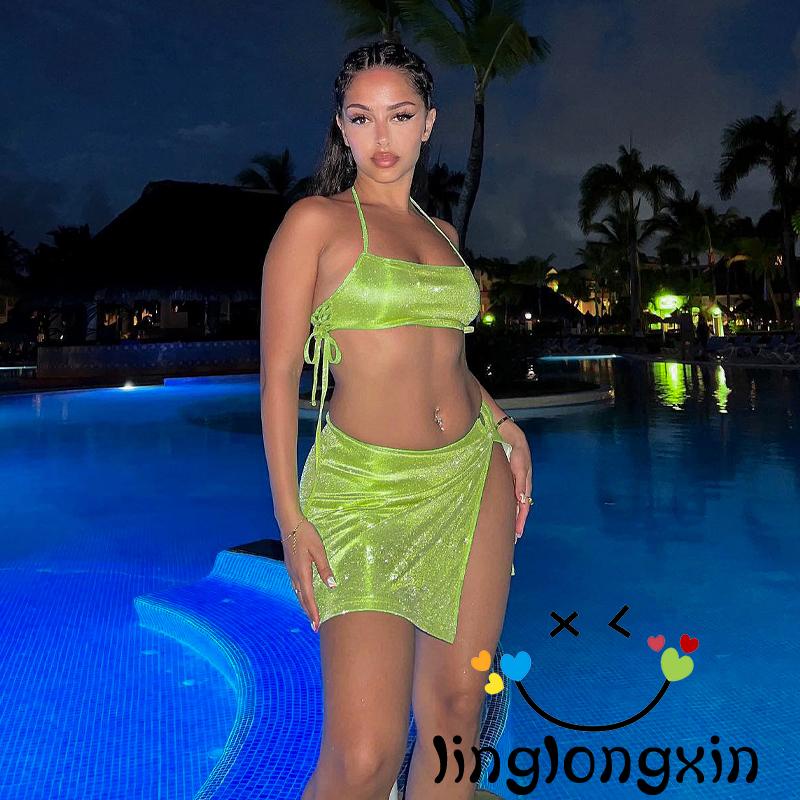 Bộ Đồ 2 Mảnh Áo Cổ Yếm Hở Lưng + Chân Váy Ngắn Xẻ Tà Màu Trơn Thời Trang Mùa Hè Cho Nữ