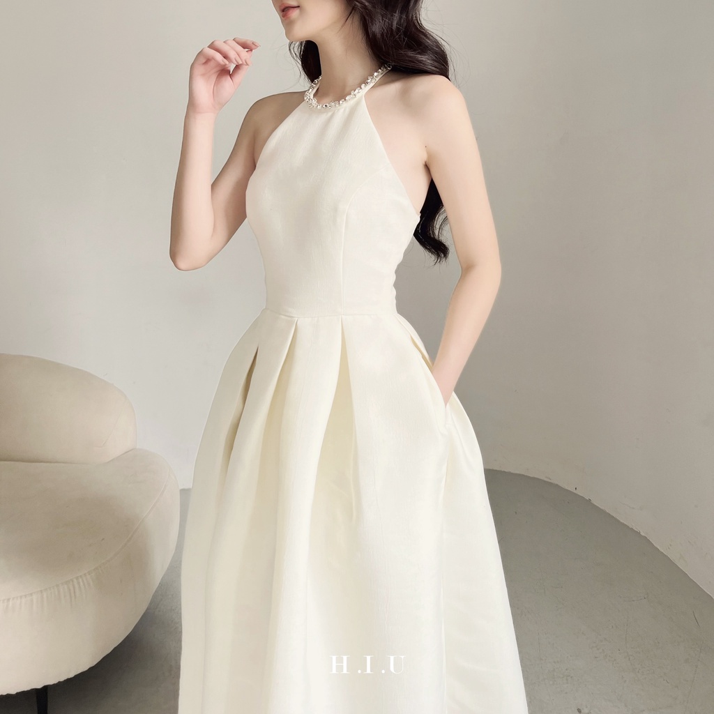 Váy nữ dự tiệc dáng midi Elen Dress cổ đính đá H.I.U Fashion , kiểu thanh lịch sang trọng tôn dáng HIU design