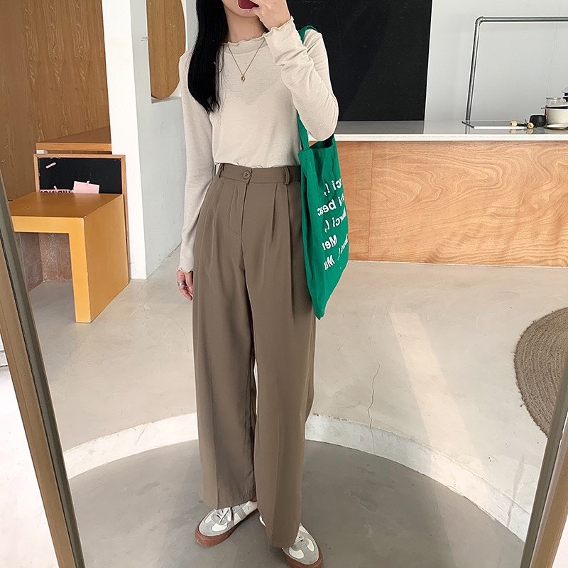 Urihouse - Quần tây nữ ống suông rộng dáng rũ màu nâu rêu cạp chun phía sau