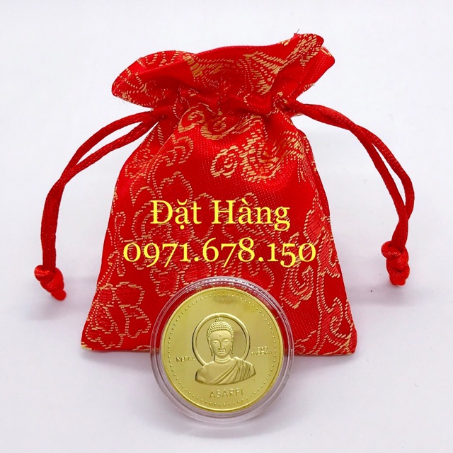 Đồng Xu Nepal In Hình Đức Phật - Tặng kèm túi gấm phong thủy .