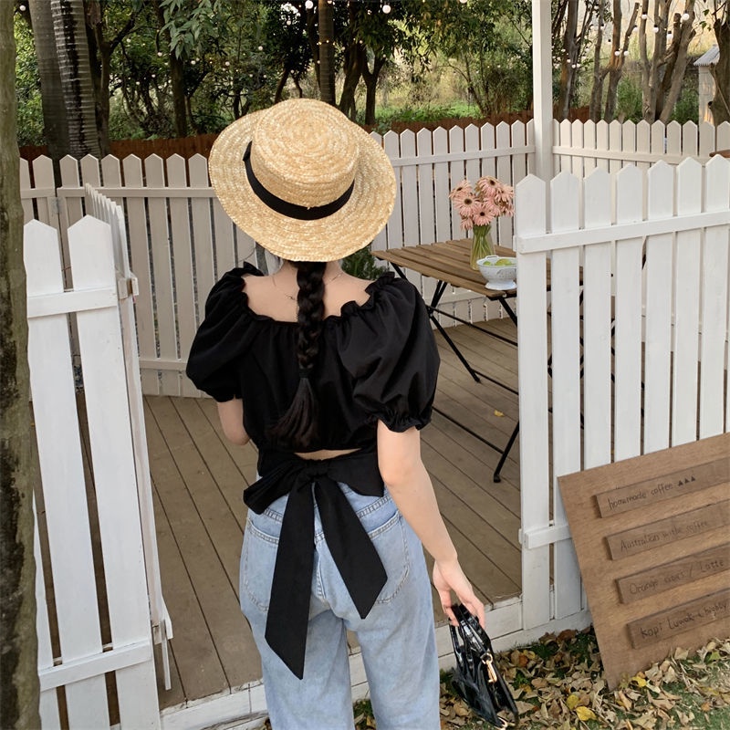 Áo Kiểu Cổ Chữ V Tay Loe Ngắn Thiết Kế Thắt Nơ Ngọt Ngào Thời Trang Cho Nữ