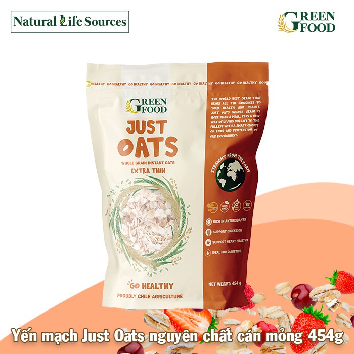 Yến Mạch Chile JUST OATS Green Food nguyên chất ăn liền cán mỏng 454g.  Date : 25/11/2022