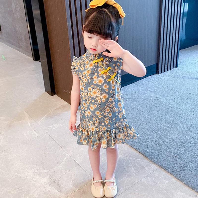 Đầm Sườn Xám In Hoa Kiểu Trung Hoa Thời Trang Mùa Hè Cho Bé Gái