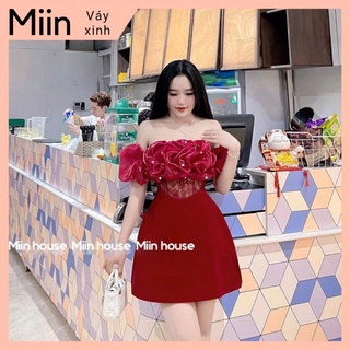 Váy nhung trễ vai phối tơ ngọc eo ren