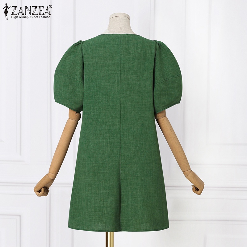 Đầm ZANZEA tay ngắn cổ vuông màu trơn phong cách Hàn Quốc cho nữ