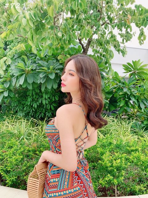 Đầm maxi thổ cẩm đan dây lưng sexy đi biển dạo phố