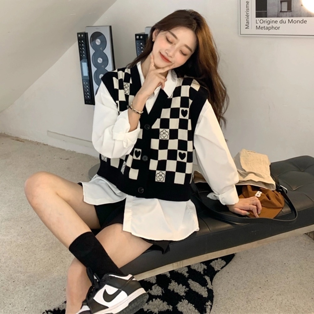 Áo Sweater Dệt Kim Không Tay Kẻ Caro Trắng Đen 199896Thời Trang Áo Khoác Ngắn Hợp Thời Trang
