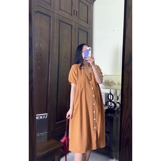 Váy Bầu kiểu sơ mi,ảnh thật cận chất -3 màu siêu xinh-chất đũi thấm hút mồ hôi-mặc đi làm ,đi chơi- freesize 43-68kg