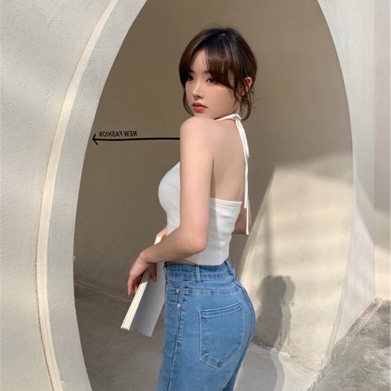 Áo 2 dây ZHELIHANGFEI dệt kim dáng ngắn hở lưng xinh xắn