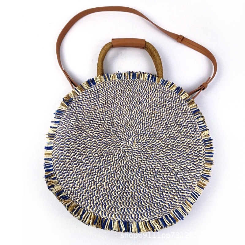 Túi cói tròn tua rua thổ cẩm Boho - TC 006
