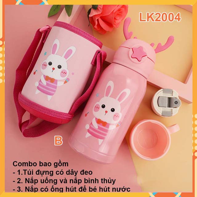 Bình nước giữ nhiệt cho bé- TẶNG Túi đeo bình- tặng thêm nắp có ống hút bình giữ nhiệt lõi inox 304