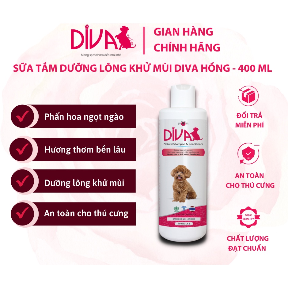 sữa tắm DIVA hồng 260ml và 400ml - dưỡng lông khử mùi dành cho chó
