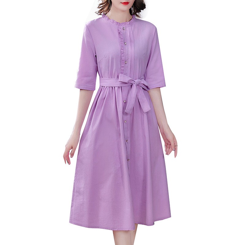Đầm linen dáng suông cổ bèo tay lỡ nhún eo, mặc đi chơi, đi làm