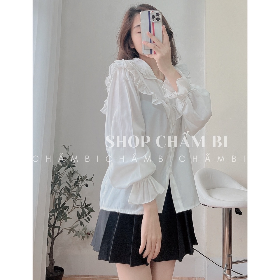 Áo sơ mi tiểu thư A.291, Áo kiểu cổ V thủy thủ viền cung ngực bèo nhún xếp tầng tay bo bèo nhẹ cách điệu sang chảnh