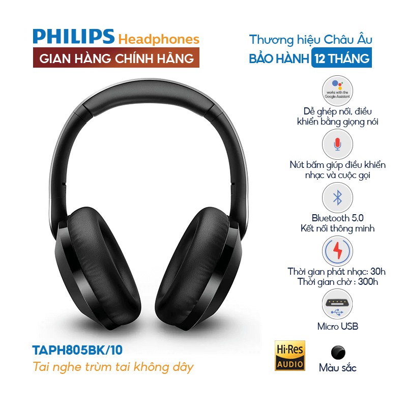 [Mã ELMALLAPR2 giảm 4% đơn 3TR] Tai nghe Philips Bluetooth Bass, Hi-Res Audio, Màu đen TAPH805BK/10-Chính hãng phân phối