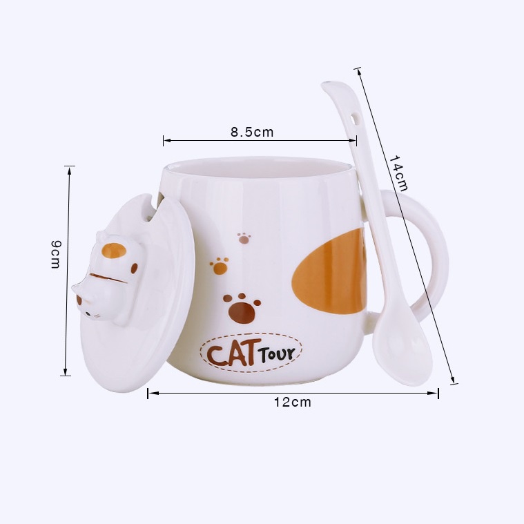 Ly Cốc Sứ Trắng Mèo Cat Tour 400ml Có Nắp Đậy Cao Cấp