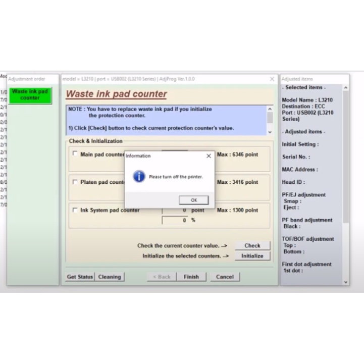 Key reset máy in epson L1210 lỗi nháy 2 đèn, Reset Epson L1210 couter đếm máy in phun màu epson