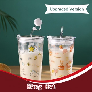 (Mới) Cốc Uống Nước 450ml Kèm Ống Hút Tiện Dụng