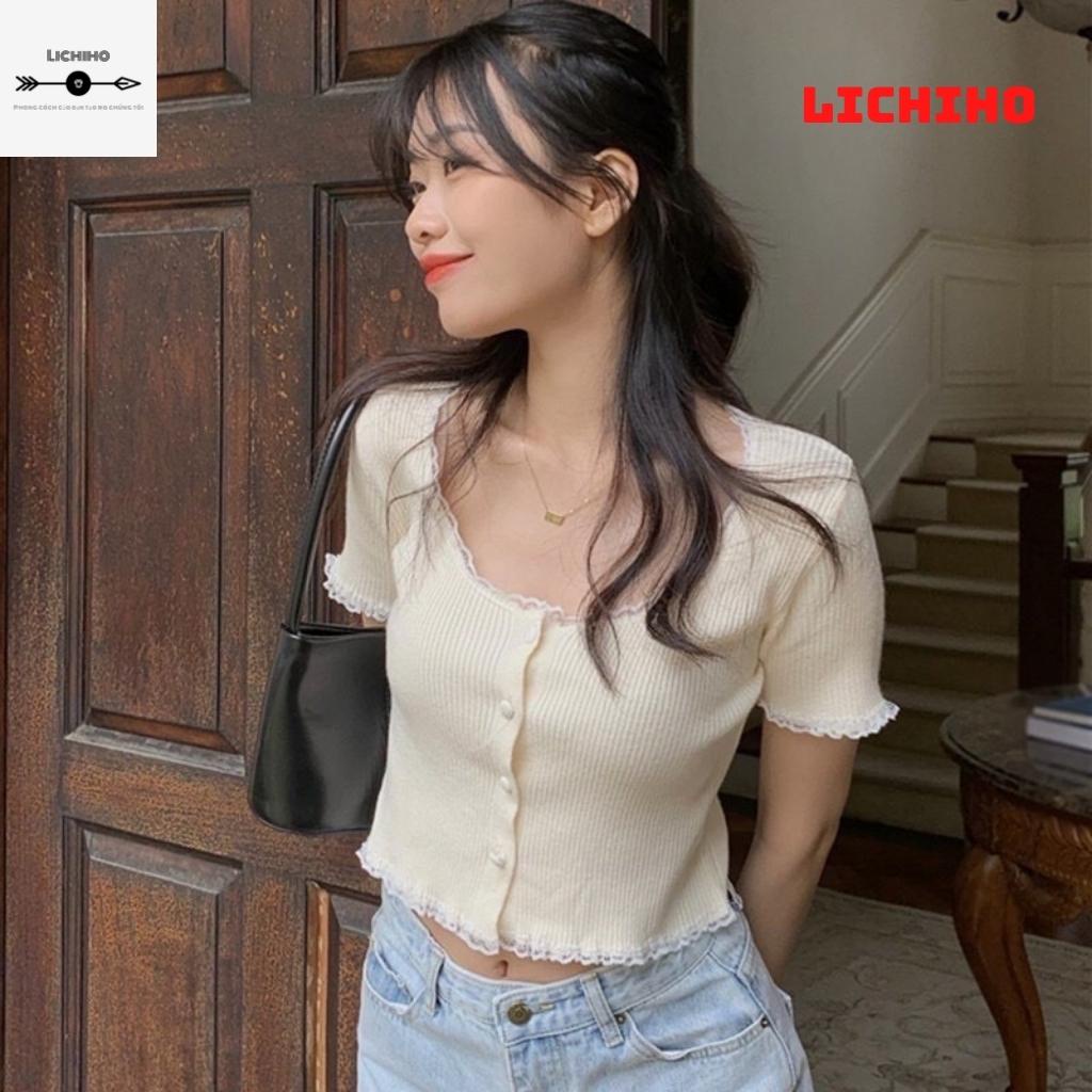 Áo croptop tay ngắn cổ vuông viền ren CT05 LICHHO ôm body gợi cảm quyến rủ co giản tốt | BigBuy360 - bigbuy360.vn