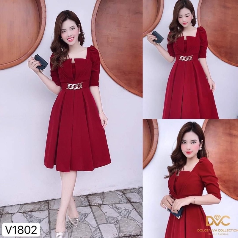 váy nhung đỏ phôi đai xích liền