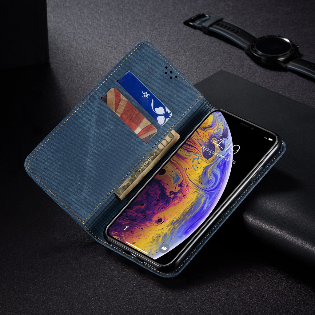 Bao da điện thoại dạng jean kiểu ví gập đựng thẻ cho iPhone XS max XR iP 6S+ 8 Plus XS 6P iP7+ Plus XS