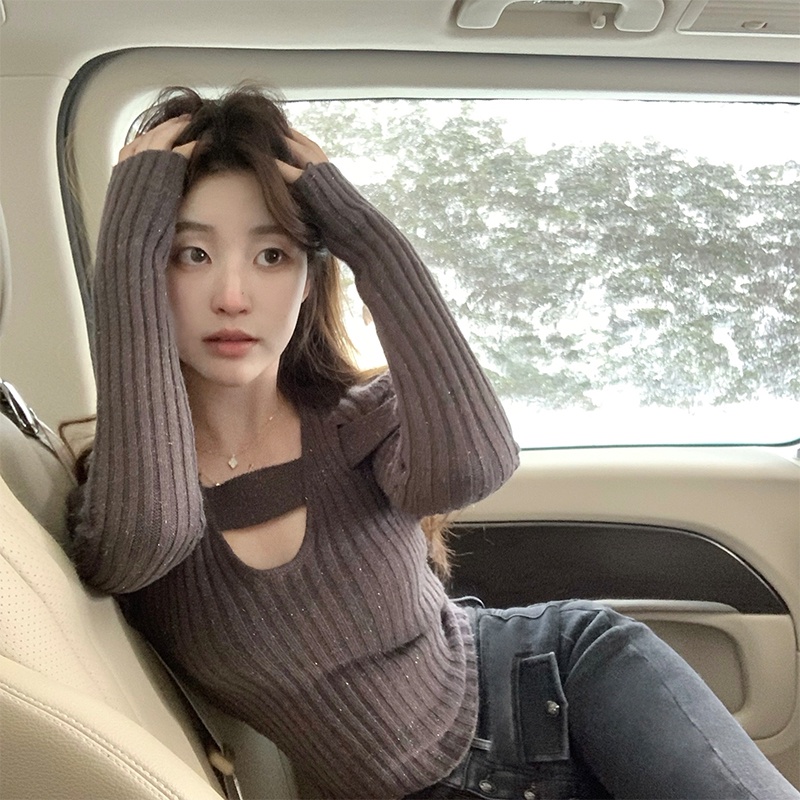 Áo dệt kim ZHELIHANGFEI tay dài cổ chữ V thiết kế dây vai thời trang quyến rũ