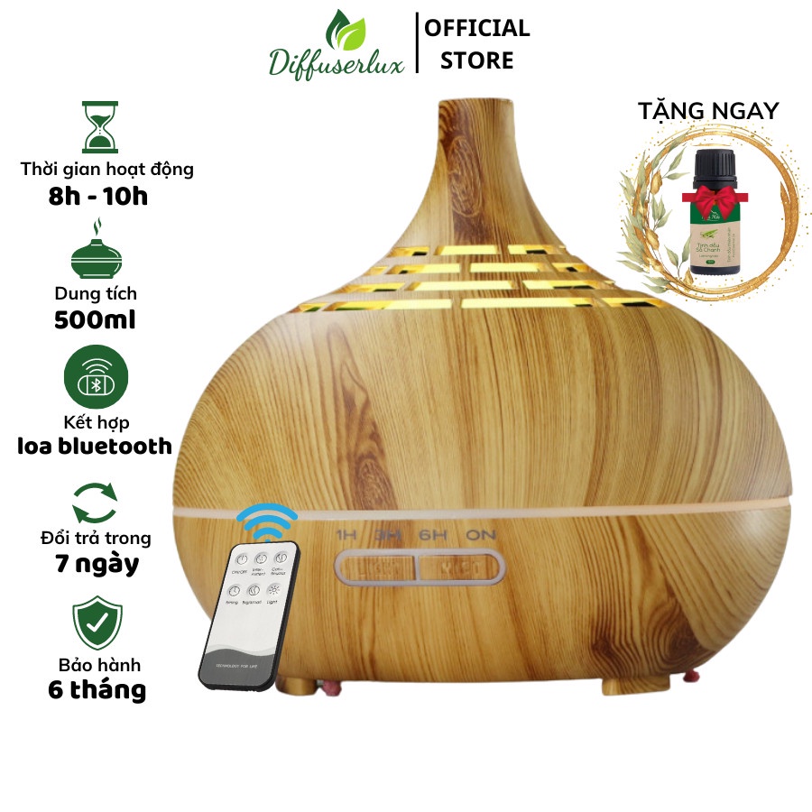Máy xông tinh dầu LOA BLUETOOTH cố cao lỗ 500ml có đèn led 7 màu - DIFFUSER LUX