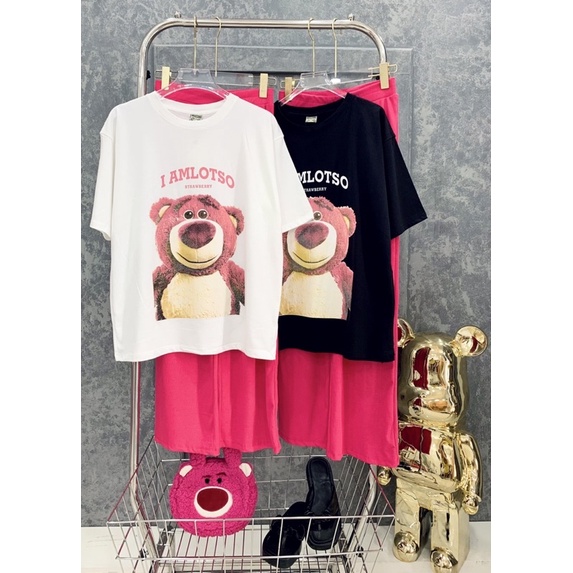 Set áo cotton gấu lotso xinh xắn quần suông hồng hình thật W4