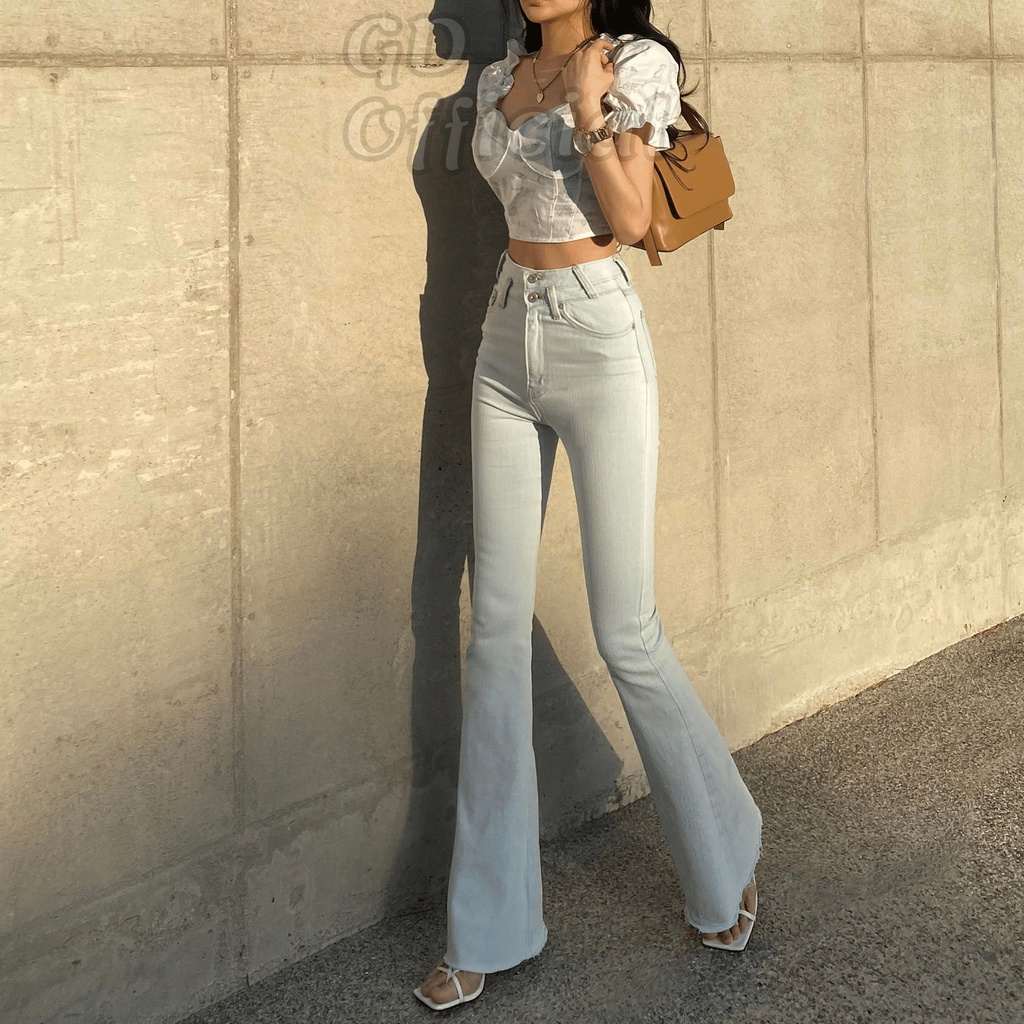 Q23|Quần jeans bò nữ cổ điển ôm body eo 2 nút cài ống loe màu trắng GD Official