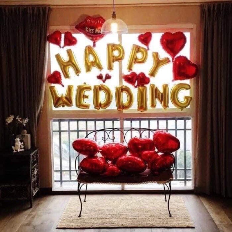 Set Bóng HAPPY Wedding Tim Sao 30 Bóng Tặng 1Bơm 1keo Dán,1Ruy Băng