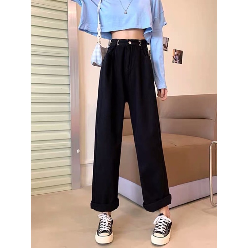 (ORDER) Quần jeans ulzzang ống rộng có nút nhỏ eo quần size đến 4XL có loại lót lông