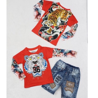 Bộ Quần Jean Áo Thun Lạnh in 3D tay giả hình xăm bé 10kg -28kg