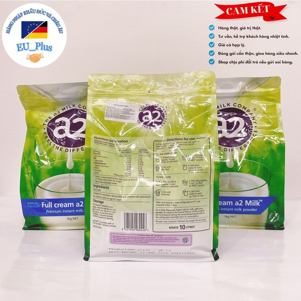 Sữa Bột Sạch A2 Nguyên Kem, tách kem không đường 1kg Úc