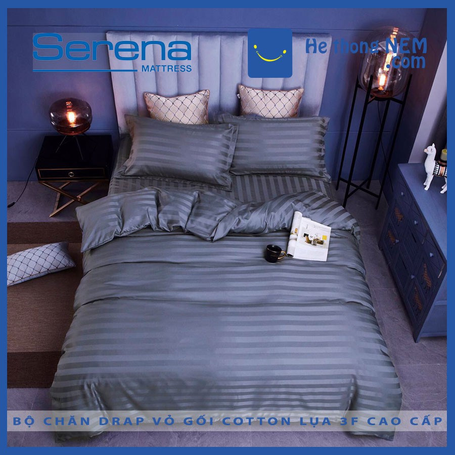 Bộ Chăn Ga Gối 5 Món Lụa Cotton 3F SERENA Combo Set Bộ Chăn Drap Ra Ga Gối Nệm Đệm Trải Giường Cotton Lụa 5 Món