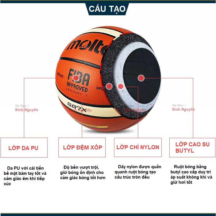 Bóng rổ Molten FIBA GG7X size 7 da PU chơi indoor outdoor TẶNG kim bơm + túi lưới banh đẹp bền bám tay tốt nhồi
