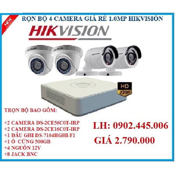 BỘ 4 CAMERA 1.0MP HIKVISION GIÁ RẺ,Chất lượng tốt