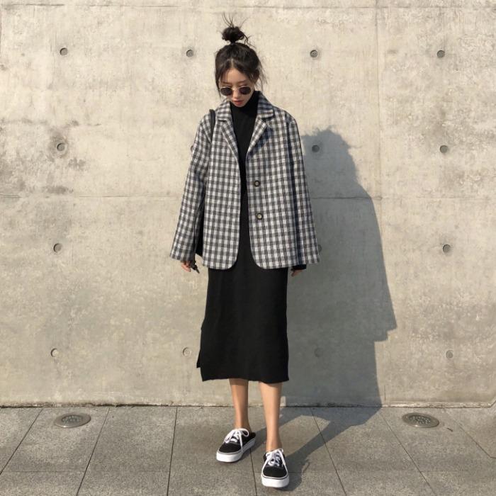 Áo Blazer New Korean Version Ins Mid-length Loose Fashion Retro Casual Plaid Suit Jacket Women