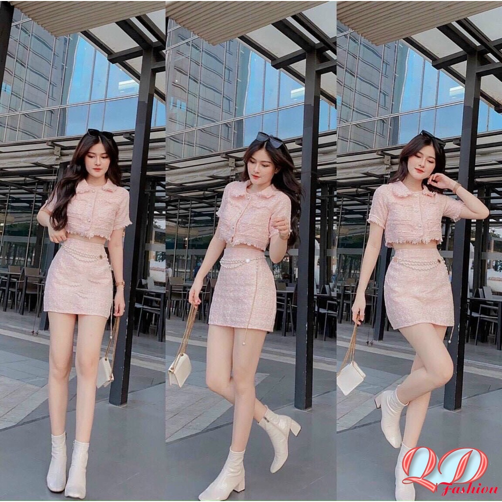 Set dạ 2 món set đồ nữ áo croptop tay ngắn với chân váy chữ A có lót quần trong dễ thương cá tính sáng da QD DT055