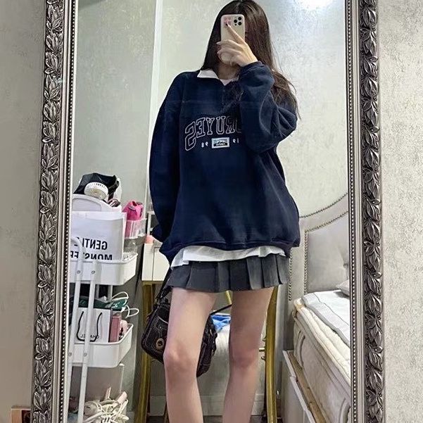 Áo sweater nỉ bông thêu chữ cổ phối màu form rộng tay dài vanmiushop