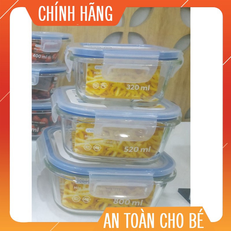 Set 3 hộp thủy tinh vuông inochi (320ml-520ml-800ml) (tiêu chuẩn Nhật Bản) (tiêu chuẩn Nhật Bản)