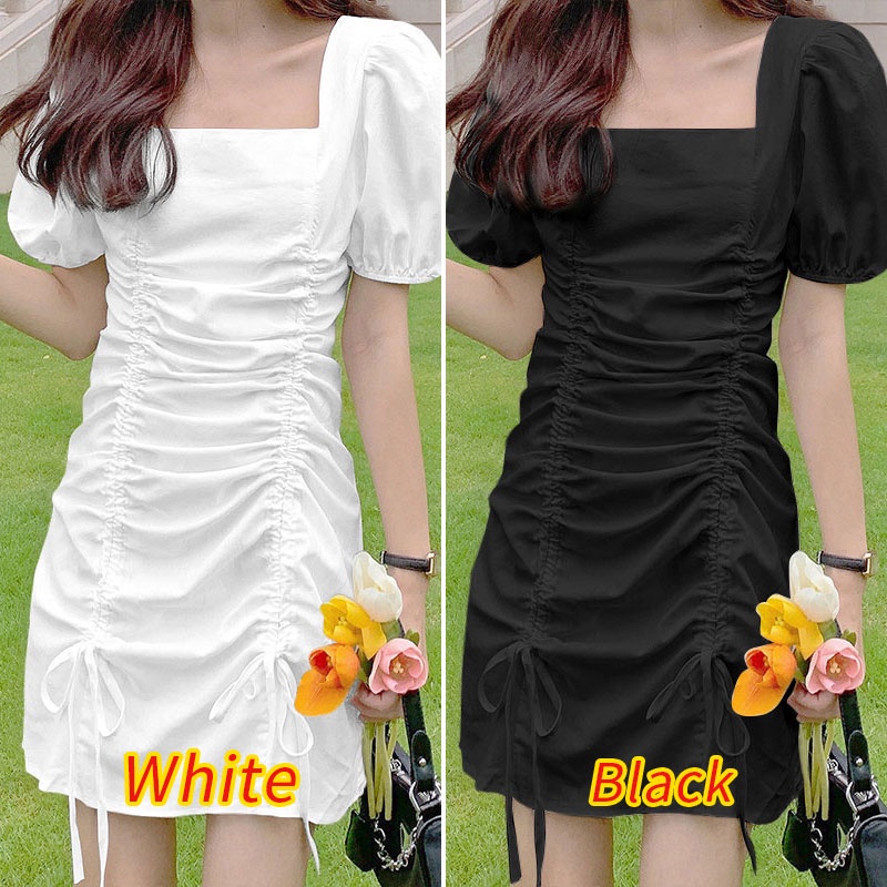 Đầm mini ZANZEA cổ vuông tay phồng lưng cao phối dây rút thời trang Hàn Quốc cho nữ