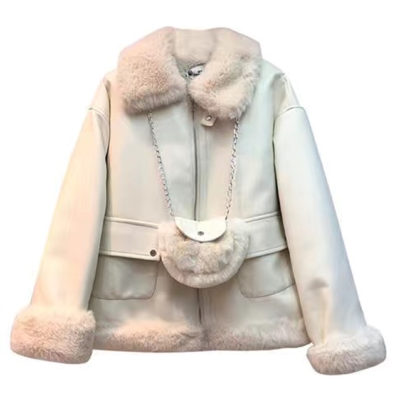 Áo khoác da lót lông siêu dày kèm túi xách