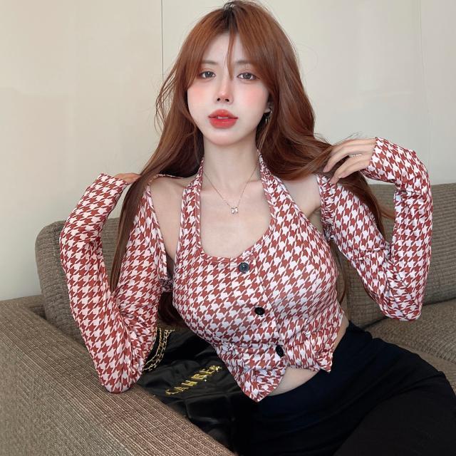 Bộ Áo Khoác Cardigan Dài Tay + Áo Hai Dây Xinh Xắn Theo Phong Cách Mùa Thu Retro Dành Cho Nữ