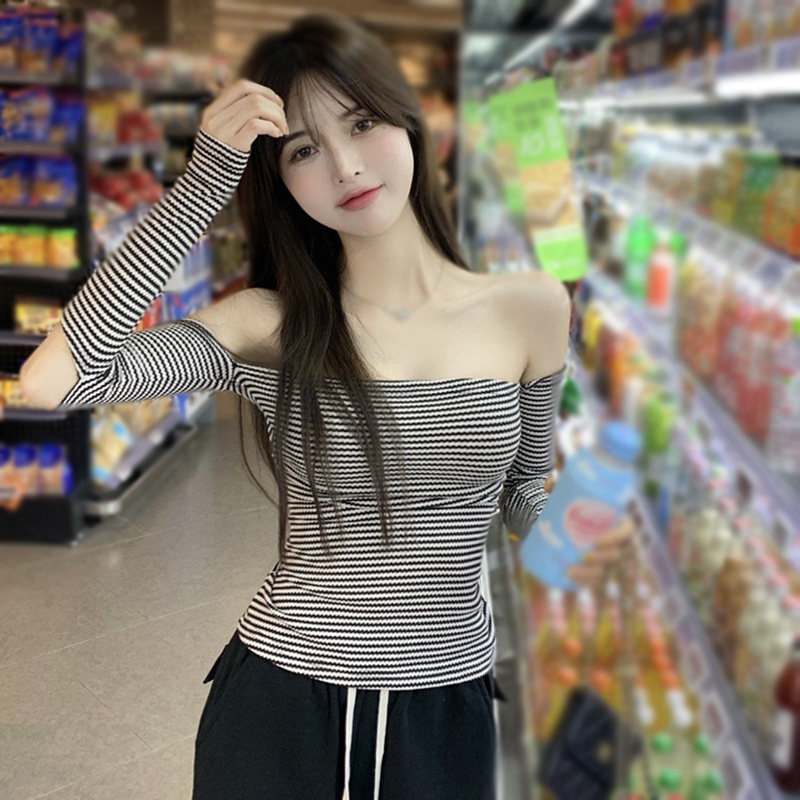 Áo thun tay dài trễ vai họa tiết kẻ sọc nhiều màu sắc thời trang quyến rũ cho nữ