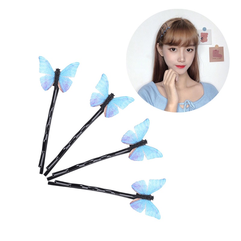 Set 4 Kẹp Tóc Kim Loại Hình Bướm Màu Xanh Dương Phong Cách Hàn Quốc Cho Nữ