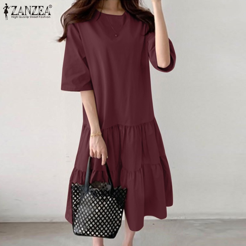 Đầm nữ ZANZEA tay lỡ cổ tròn thanh lịch thời trang