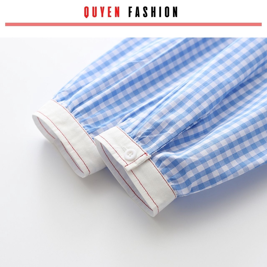 Áo sơ mi công sở nữ thêu hình mèo xinh xắn QUYÊN FASHIO AA553, áo kẻ xanh, đen thanh lịch