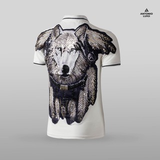 Áo phông nam cổ bẻ mút lưng hình thêu Sói cực ngầu